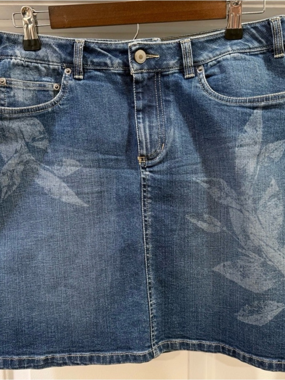 Blue Denim Skirt with Subtle Leaf Print